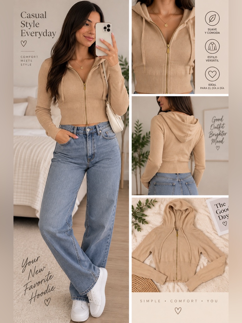 Cropped Tan Zip-Up Hoodie - Cozy Everyday Staple